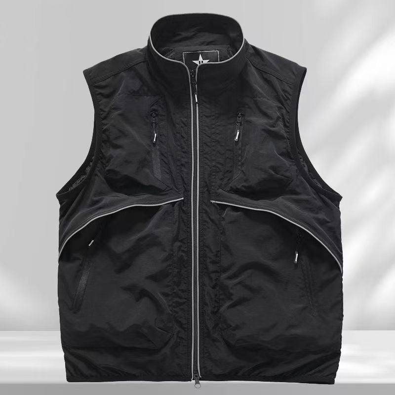 Men's Nylon Work Vest Stand Collar Loose Fit Multi-Pocket Jacket
