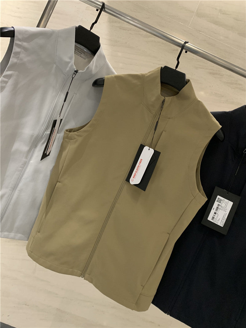 Men's Polyester Vest Stand Collar Straight Fit Zipper Outerwear