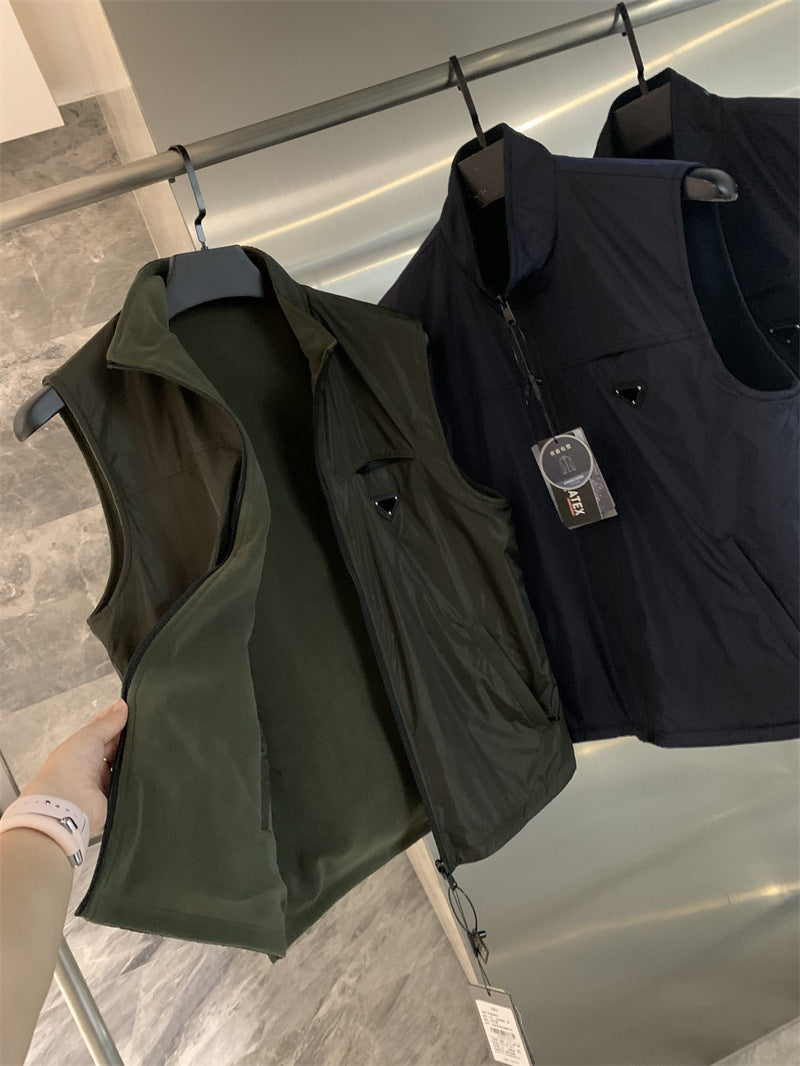 Men's Nylon Fleece Vest Stand Collar Straight Fit Multi-Pocket Wear