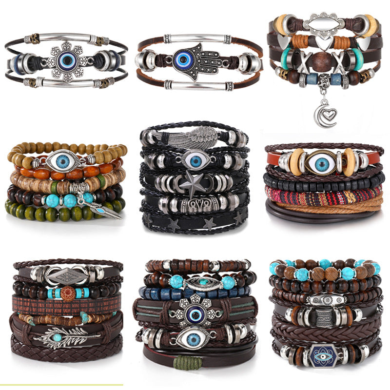 Devil's Eye Turquoise Leather Men's Bracelet Set