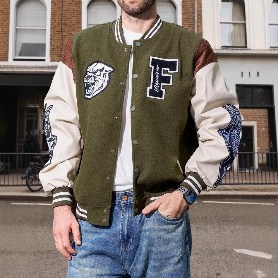 Men’s Leather Varsity Jacket Embroidered Retro Baseball Coat