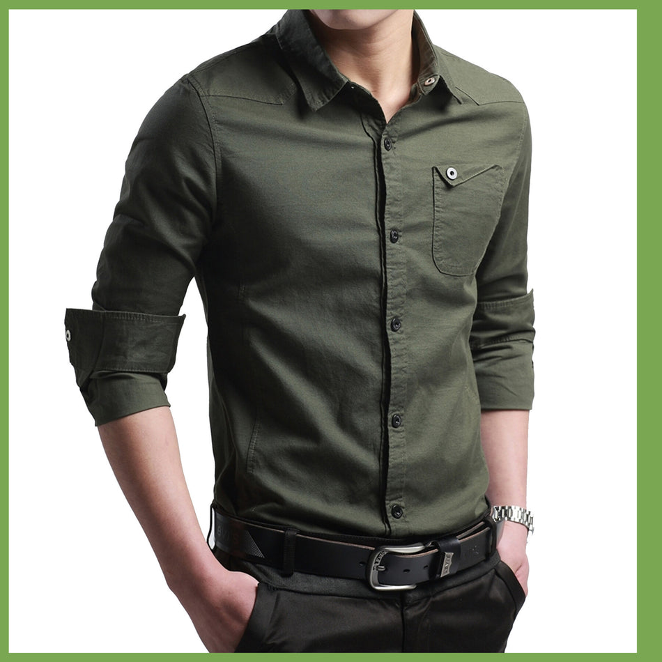 Men’s Cotton Denim Shirt – Army Green Casual Fashion