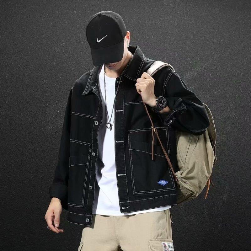 2024 Men's Black Denim Workwear Top Loose