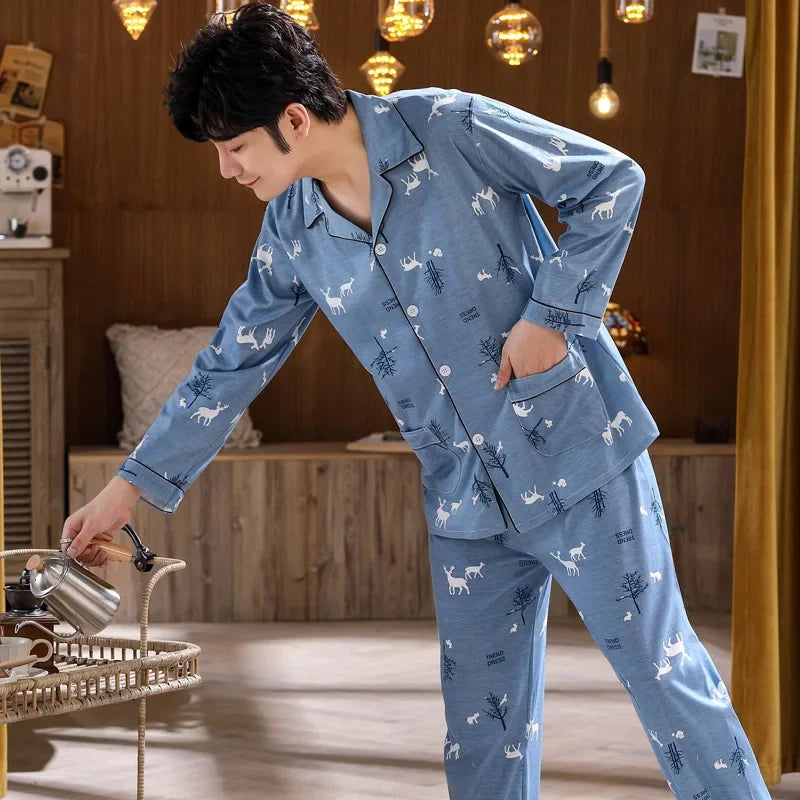 Men’s Lapel Pajamas – Knitted Cotton Cardigan Home Suit