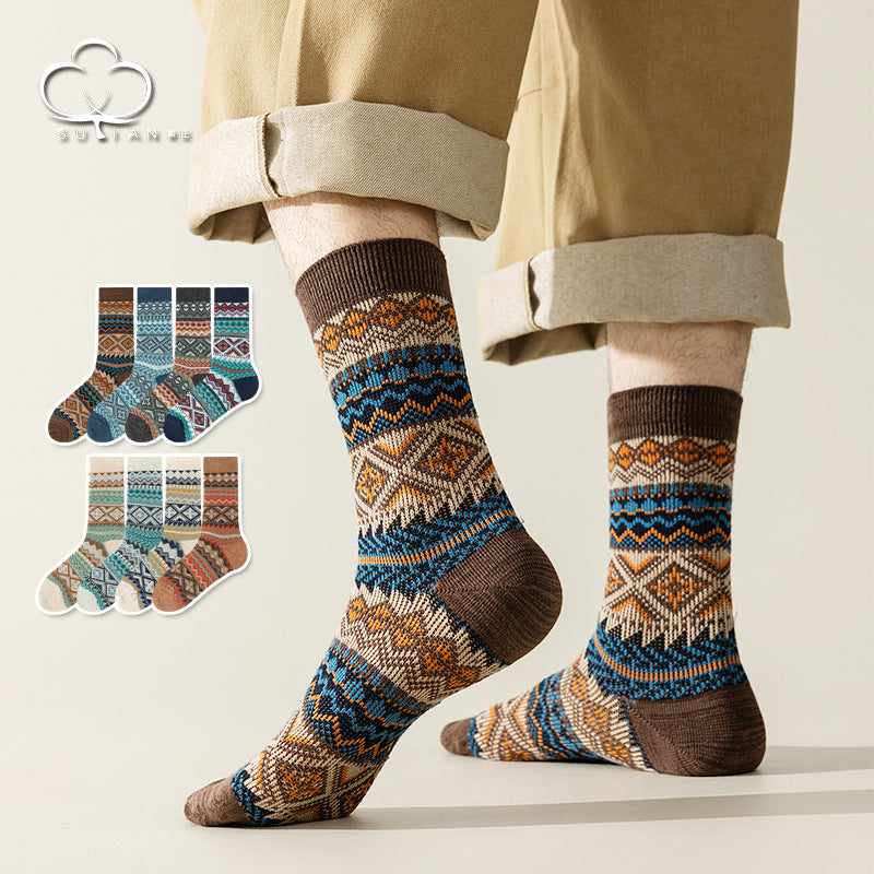 Men's Retro Diamond Stripe Socks – Ethnic Style Long Barrel