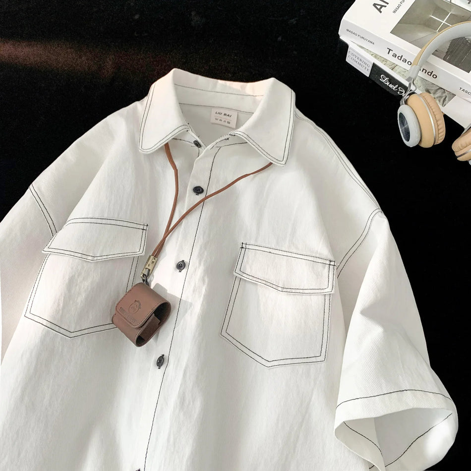 Men’s Japanese Style Retro Short Sleeve Shirt – Trendy Summer