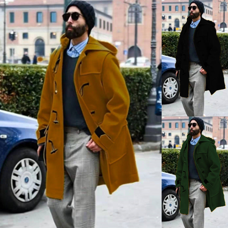 Men’s Woolen Hooded Coat – Thick Corner Button Design