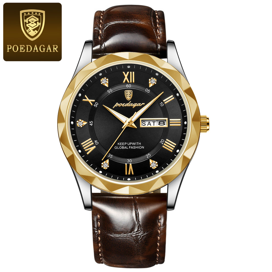 Swiss Brand Men’s Quartz Watch | Waterproof Luminous Leather Strap Watch for Live Sales & Foreign Trade Wholesale
