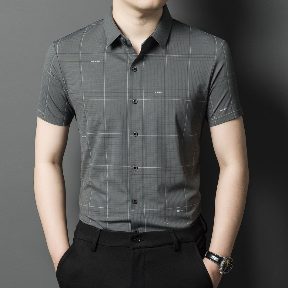 2025 Cross-Border Men’s Plaid Short Sleeve Shirt – Ice Silk Elastic Breathable Casual Summer Shirt