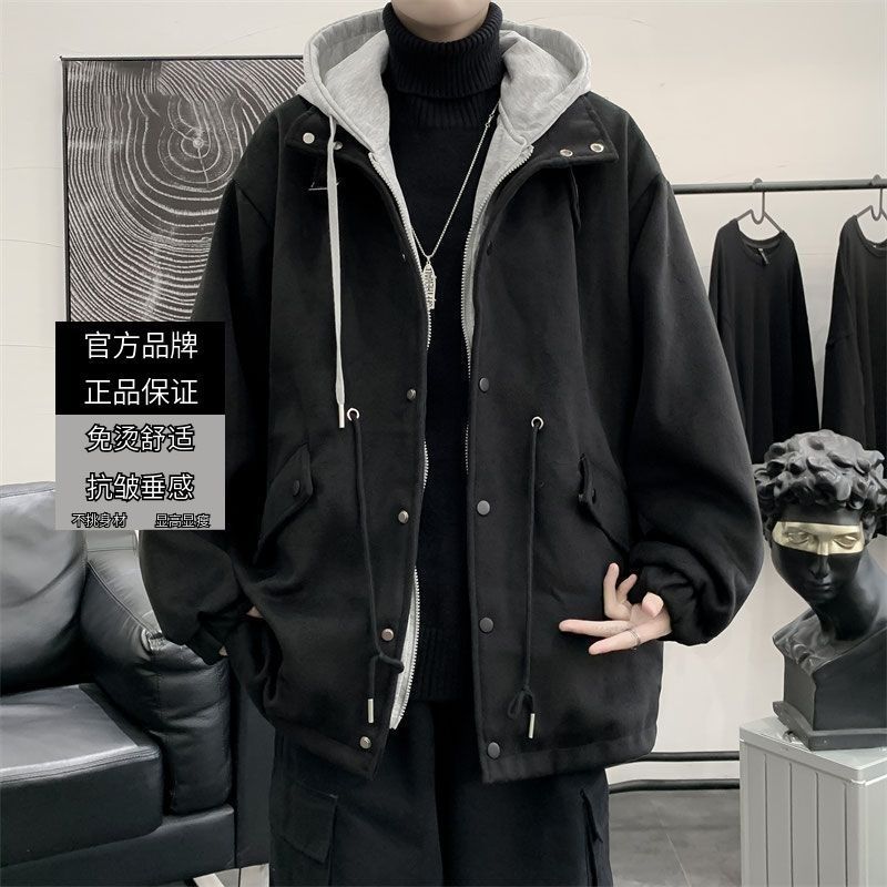 Men's Fake Two-Piece Hooded Woolen Jacket Autumn Winter