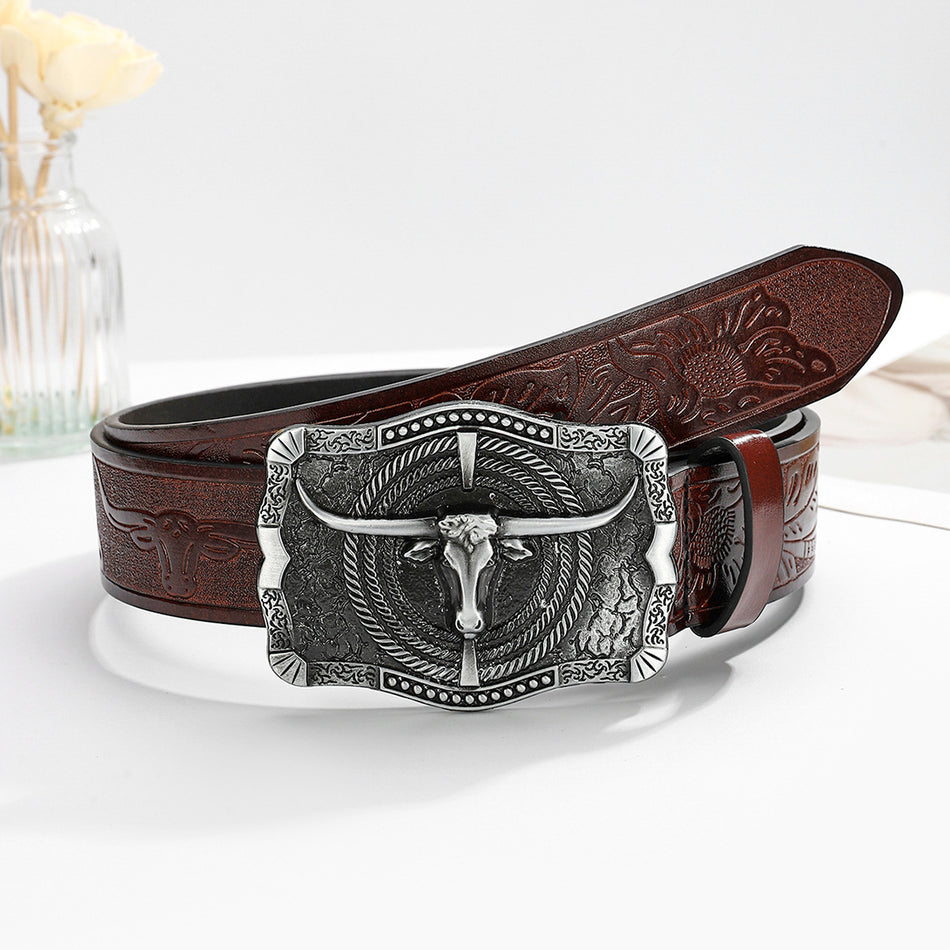 Bullhead Plate Buckle Belt – Western Style for Men