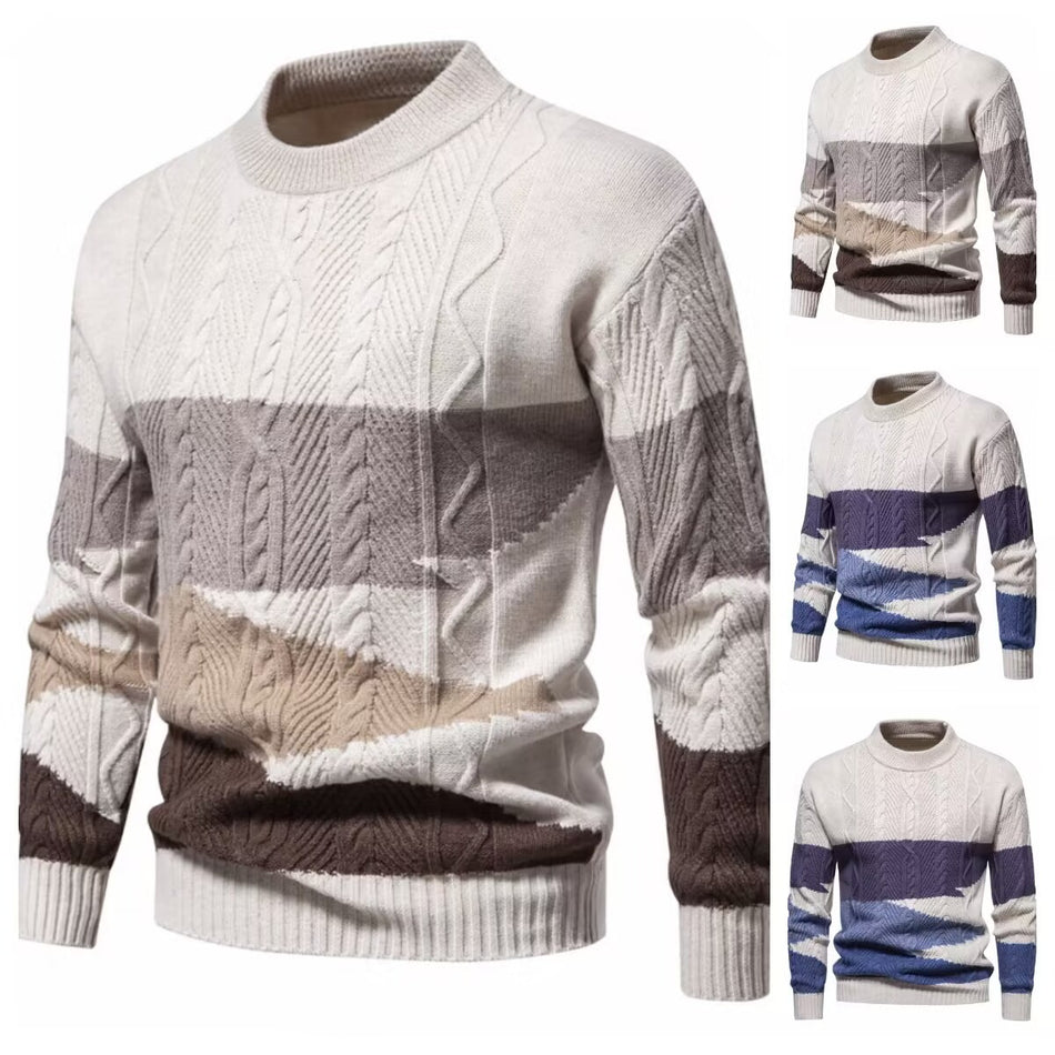 Men’s Color-Matching Round Neck Sweater – Retro Twist Knit Pullover