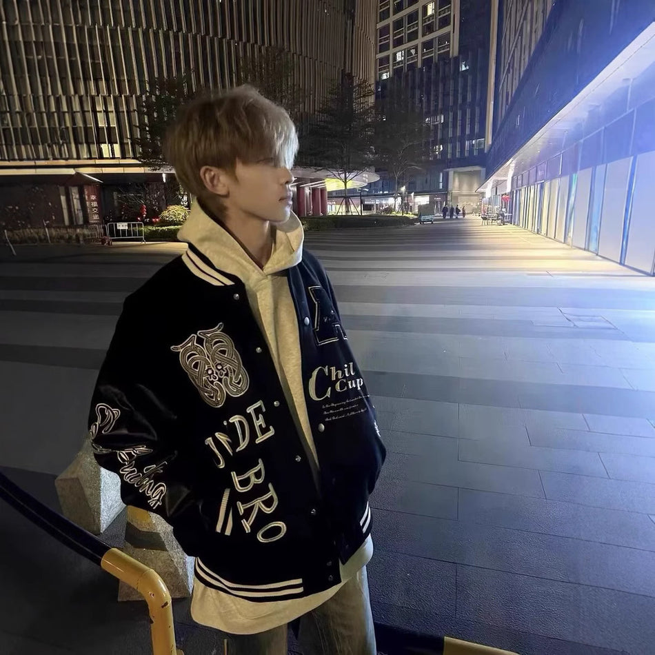 Retro Embroidered Baseball Jacket – Unisex Loose Casual Coat