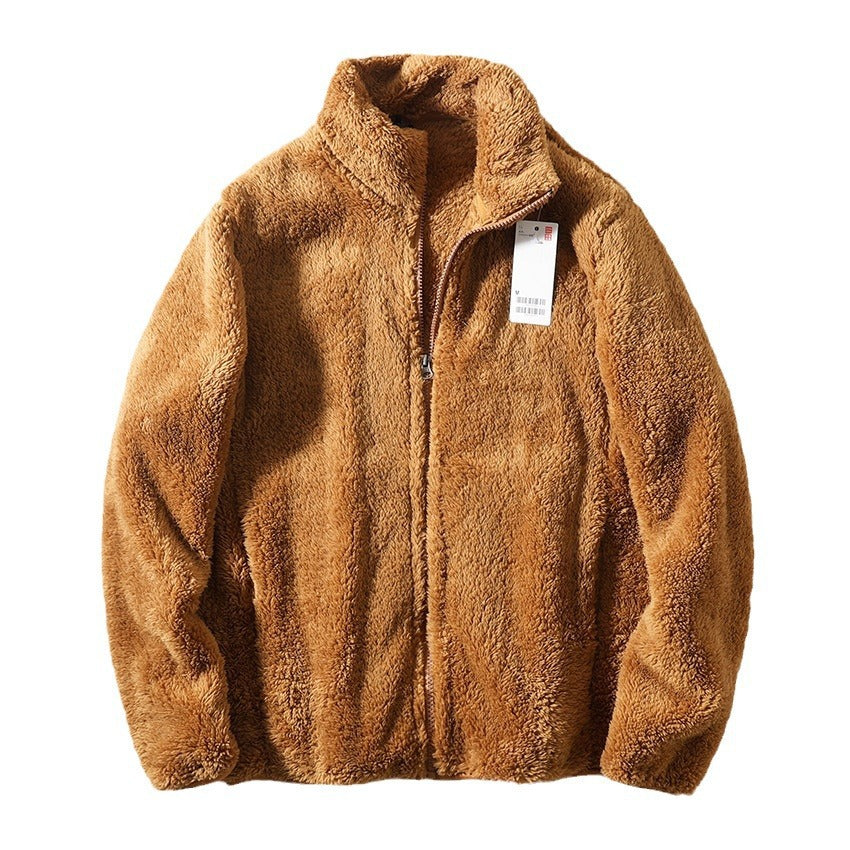 Men’s Long Plush Lamb Wool Stand Collar Jacket