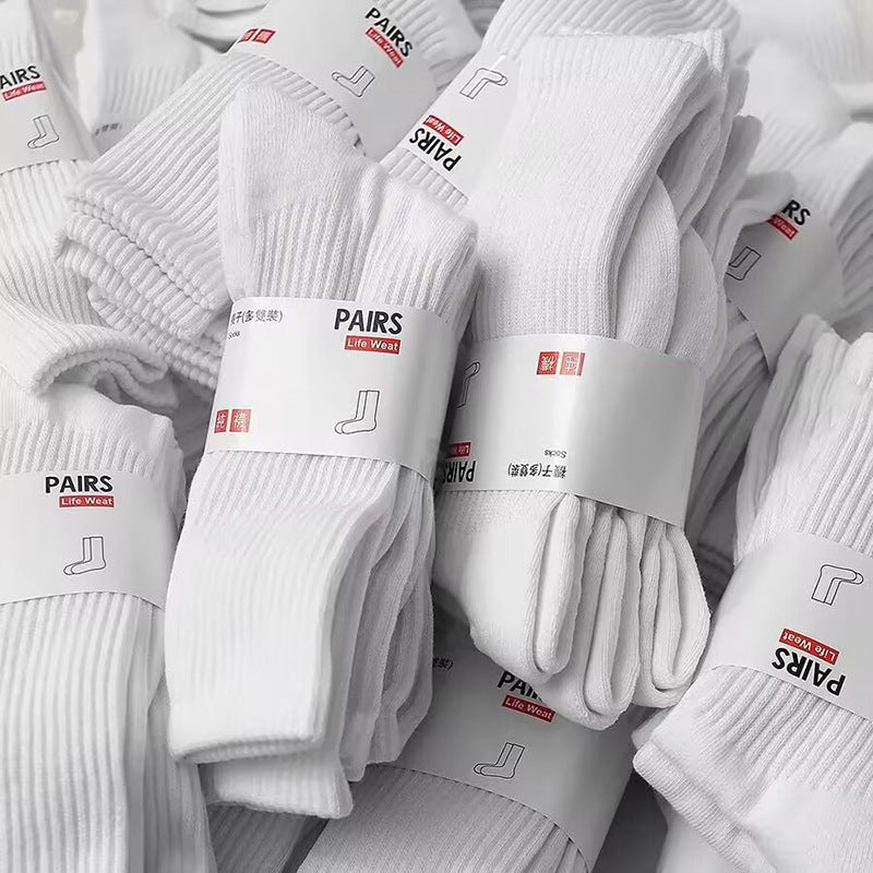 PACK OF 10 - Zhuji Men’s Mid-Calf Cotton Socks Black White Sports