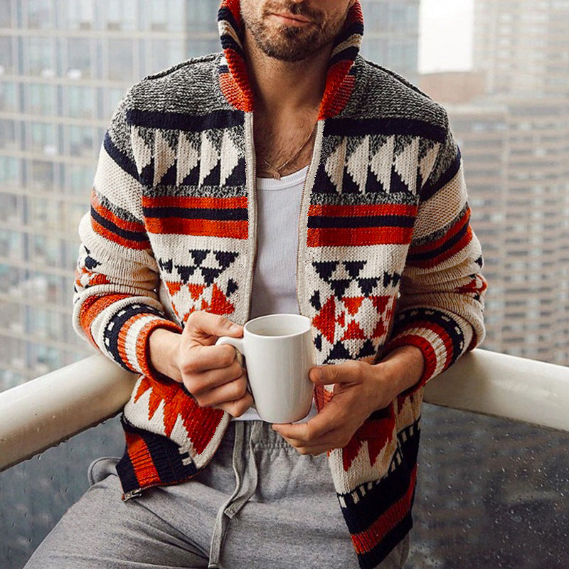 Men's Zipper Jacquard Cardigan – Autumn Winter Lapel Sweater