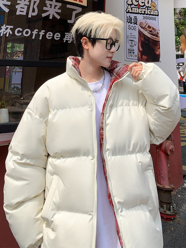 Plaid Stand Collar Men’s Winter Fleece Cotton Jacket