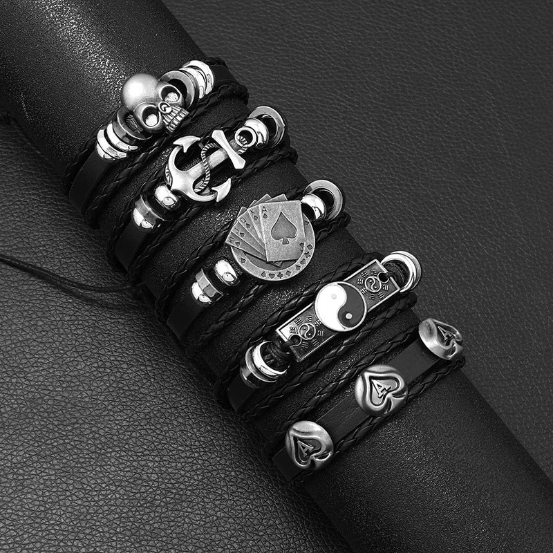 Men’s Skull Leather Bracelet Set – Multi-Layer Fashion