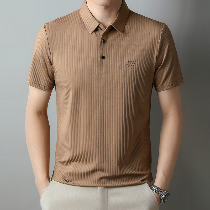 Men’s Summer Ice Silk Striped Polo T-Shirt