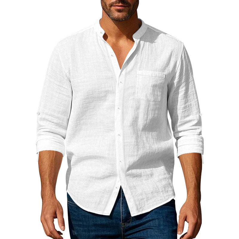 Men's Refined Linen Stand Collar Shirt with Flap Pockets