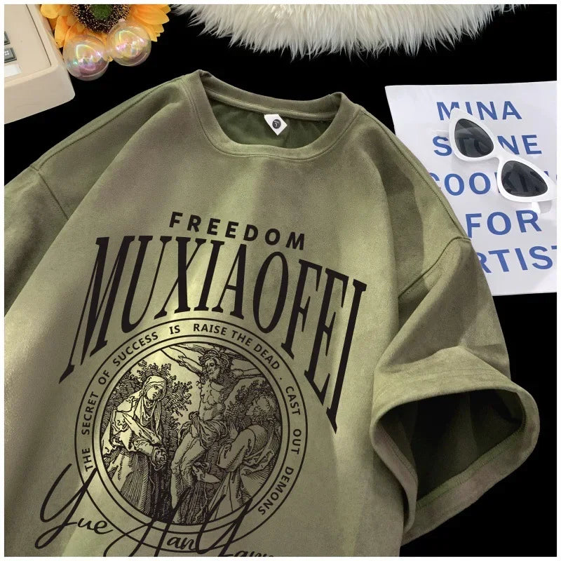 Army Green Suede T-Shirt – Oversized American Streetwear