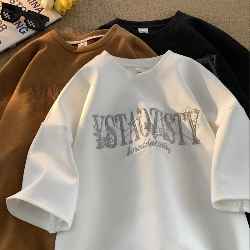 Heavy Suede Embroidered Men's Half-Sleeve T-Shirt