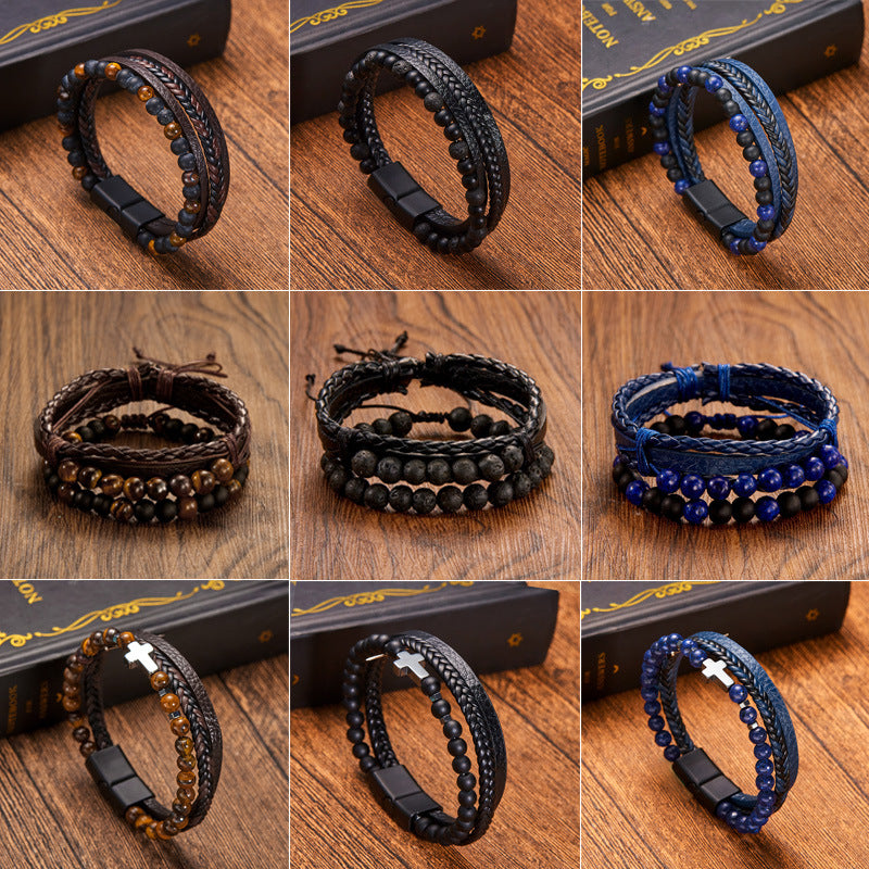 Vintage Men's Multi-Layer Hand-Woven Leather & Beaded Bracelet