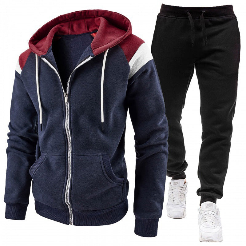Men's Color-Matching Zipper Sports Hoodie Casual Sweatshirt Suit