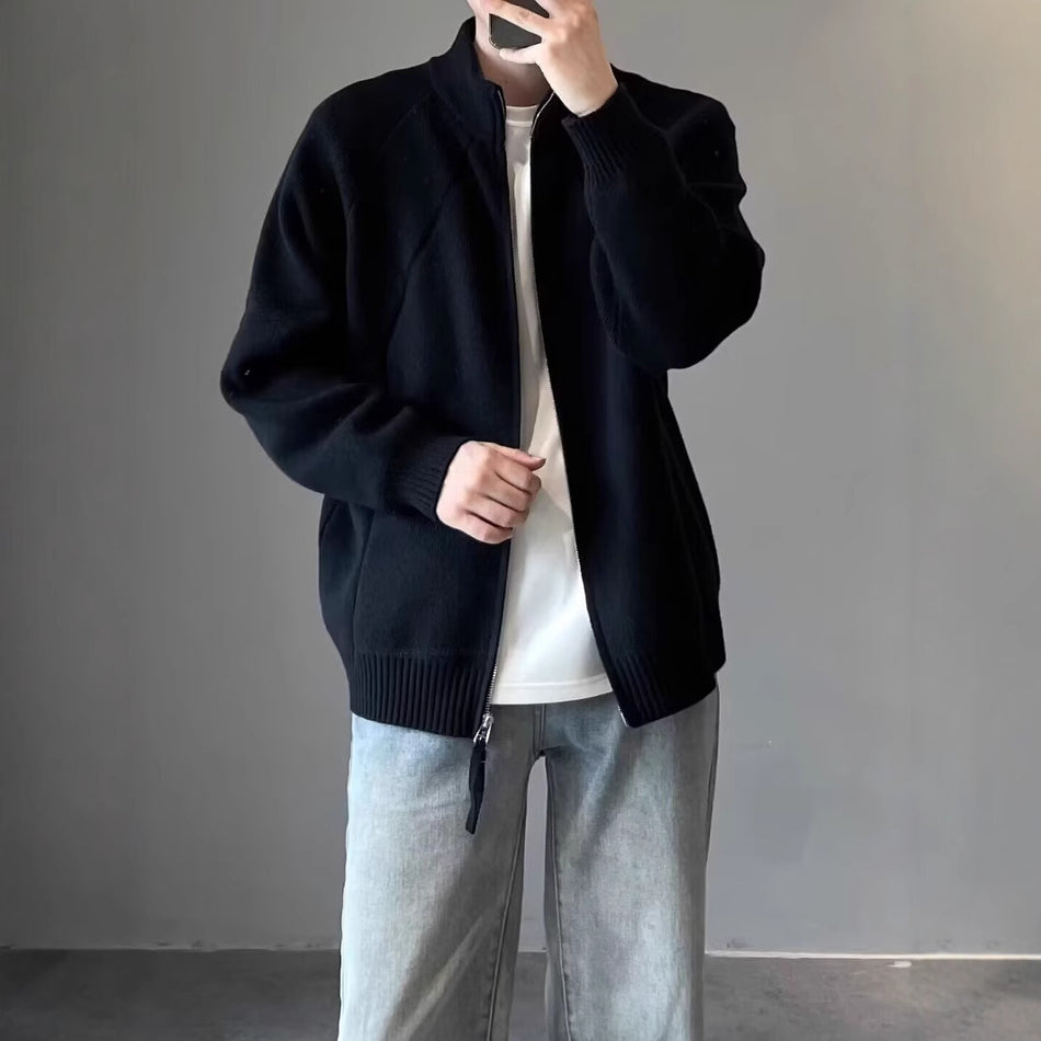 Men's Black Knit Cardigan – Autumn Winter Korean Zipper Sweater