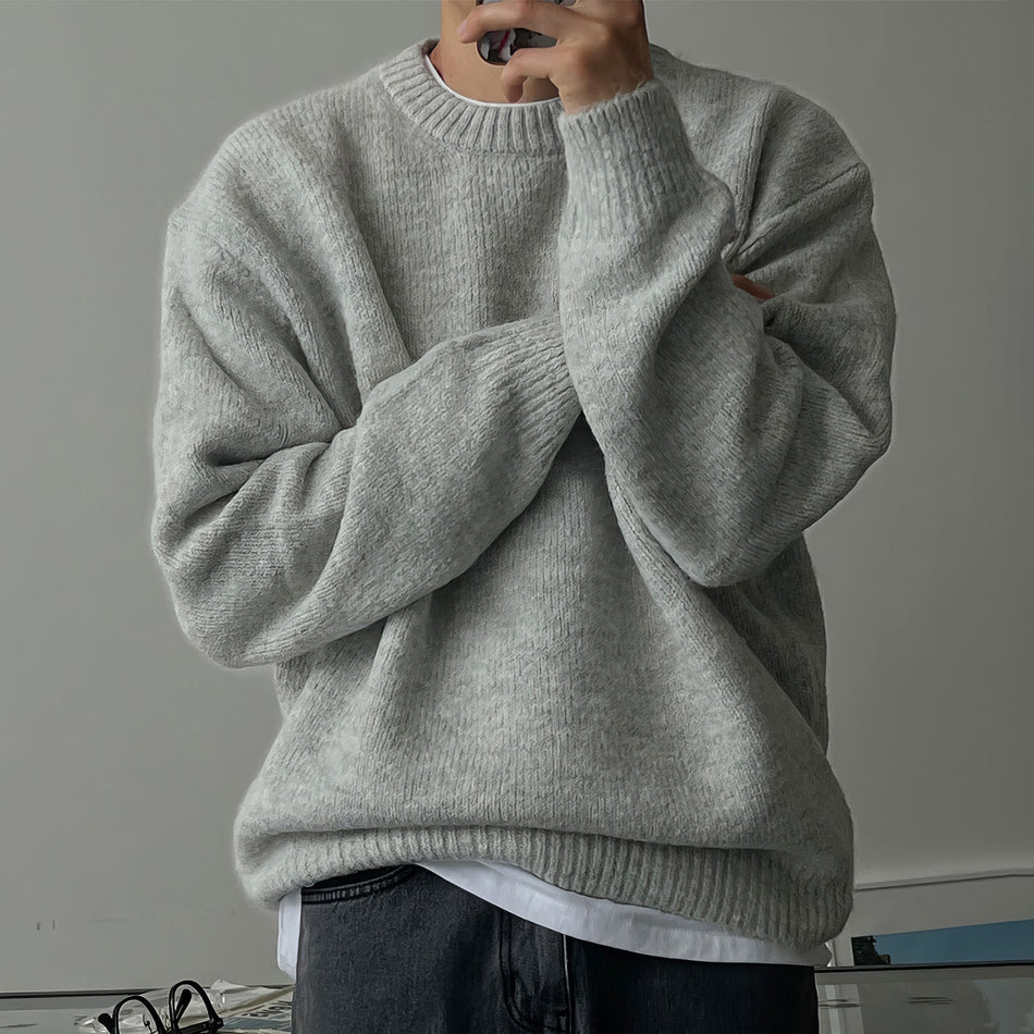 Men’s Thick Solid Color Round Neck Knit Sweater