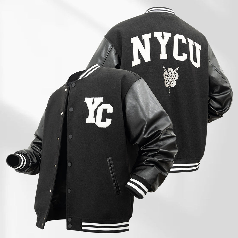 Men’s PU Leather Baseball Jacket Embroidered Streetwear Coat