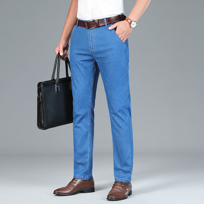 Men’s Classic Stretch Jeans – Ice Silk Middle-Aged Denim