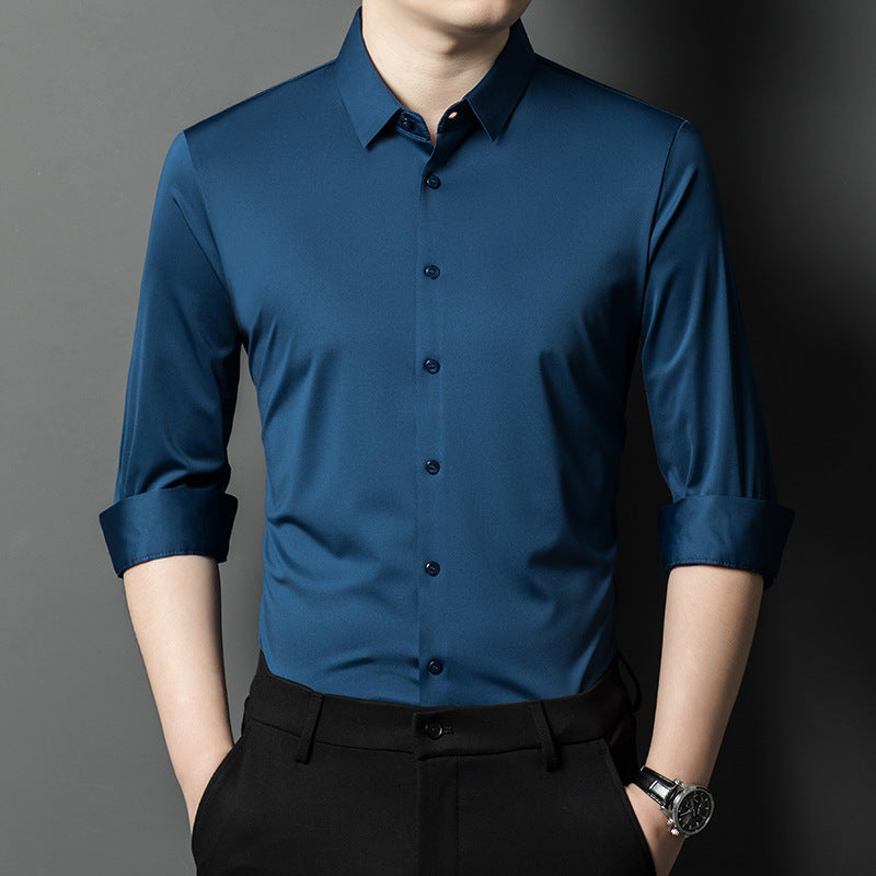 2025 Cross-Border Spring New Men’s Seamless Long Sleeve Shirt – Solid Color Business Casual Stretch Dad Fit Shirt