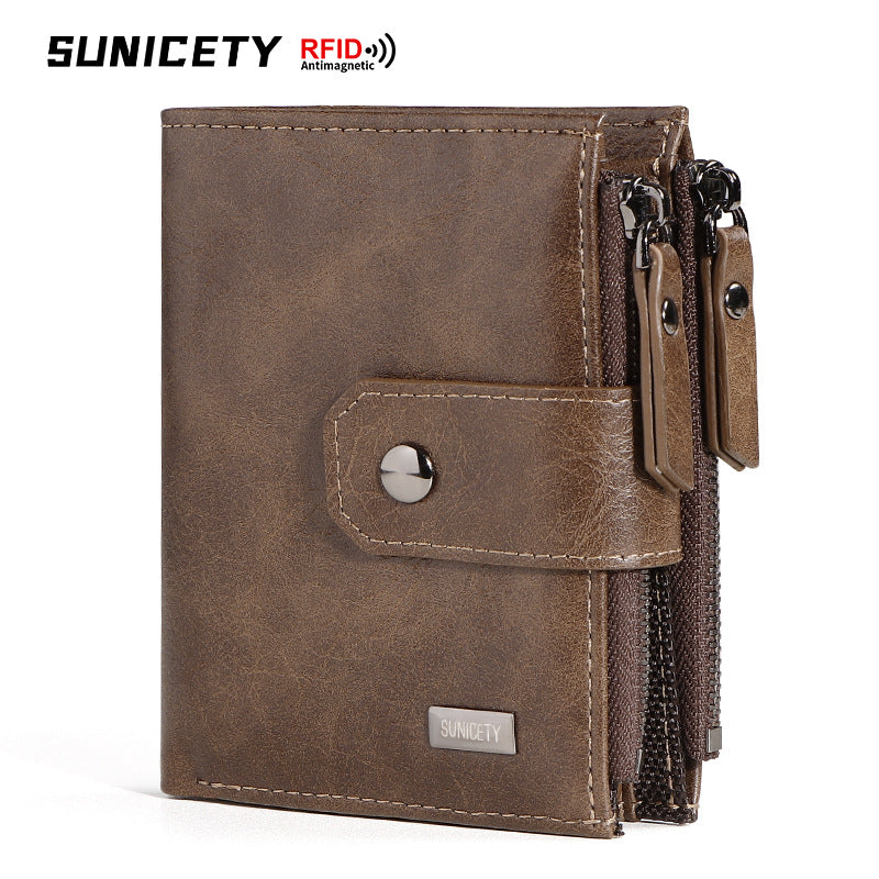 Men’s Zipper Leather Wallet – Anti-Theft, Slim, RFID Safe