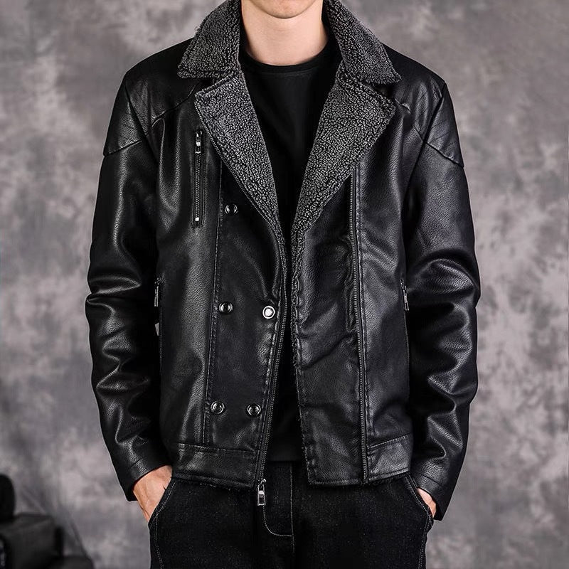 Men’s Fleece-Lined Leather Jacket Korean Style