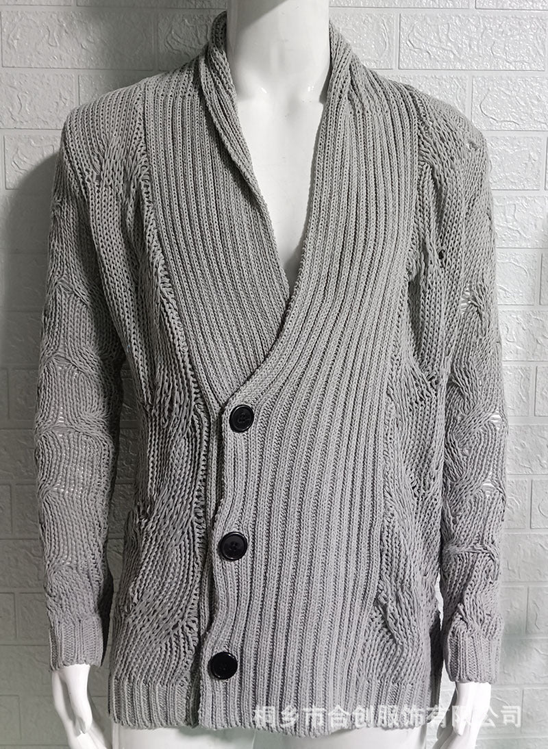Men’s Pure Color Long-Sleeve Knitted Cardigan Sweater