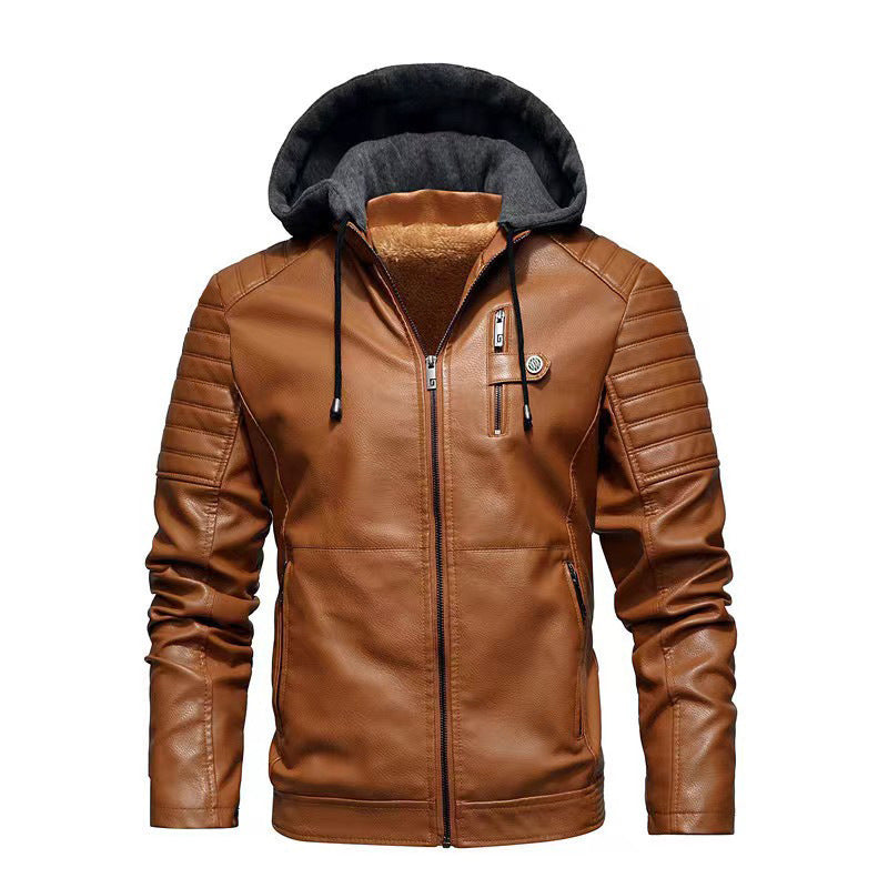 Men’s Velvet Hooded Motorcycle Leather Jacket
