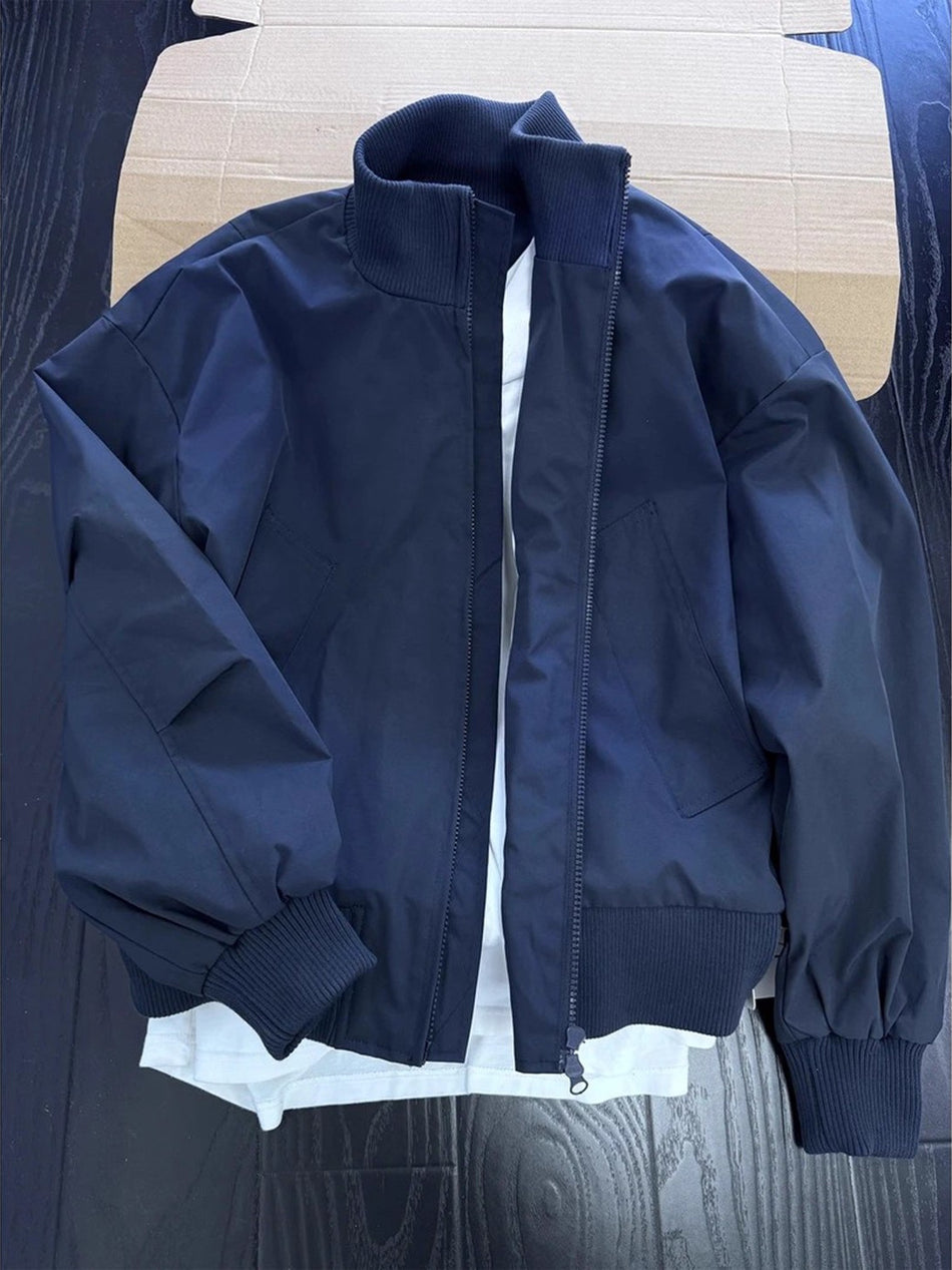 Men's Navy Blue Stand Collar Bomber Jacket Autumn Baseball