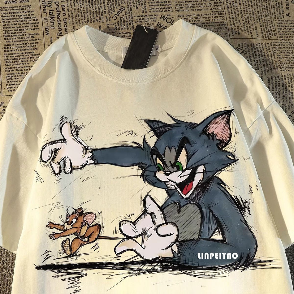 Cartoon Cat & Mouse T-Shirt – Men’s Summer Loose Fit Tee
