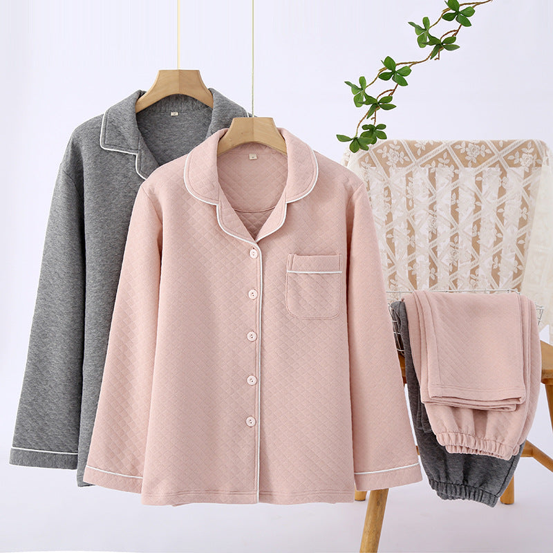 Solid Color Cotton Couple Pajamas V-Neck Breathable Warm