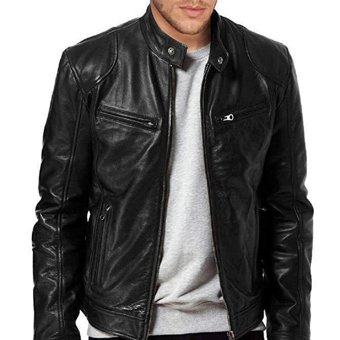 European American Men's PU Leather Jacket | Stand Collar Motorcycle Style