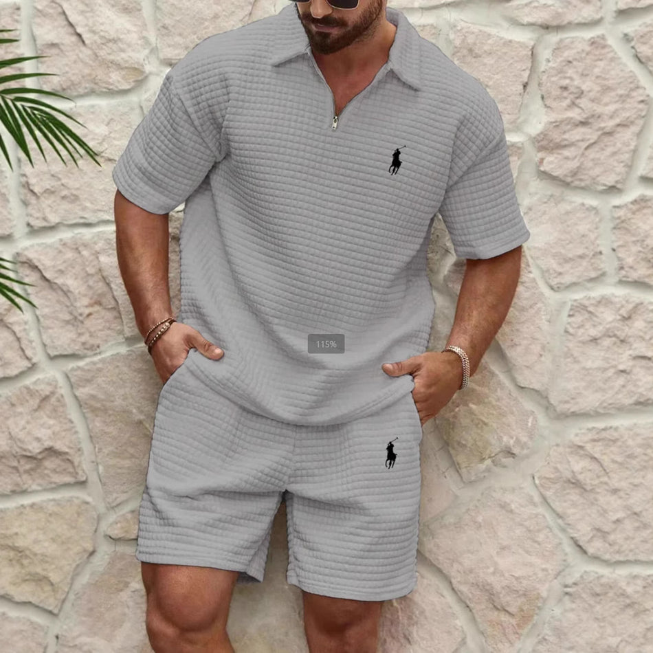 Summer Men's Waffle Solid Color Pony Lapel Shirt