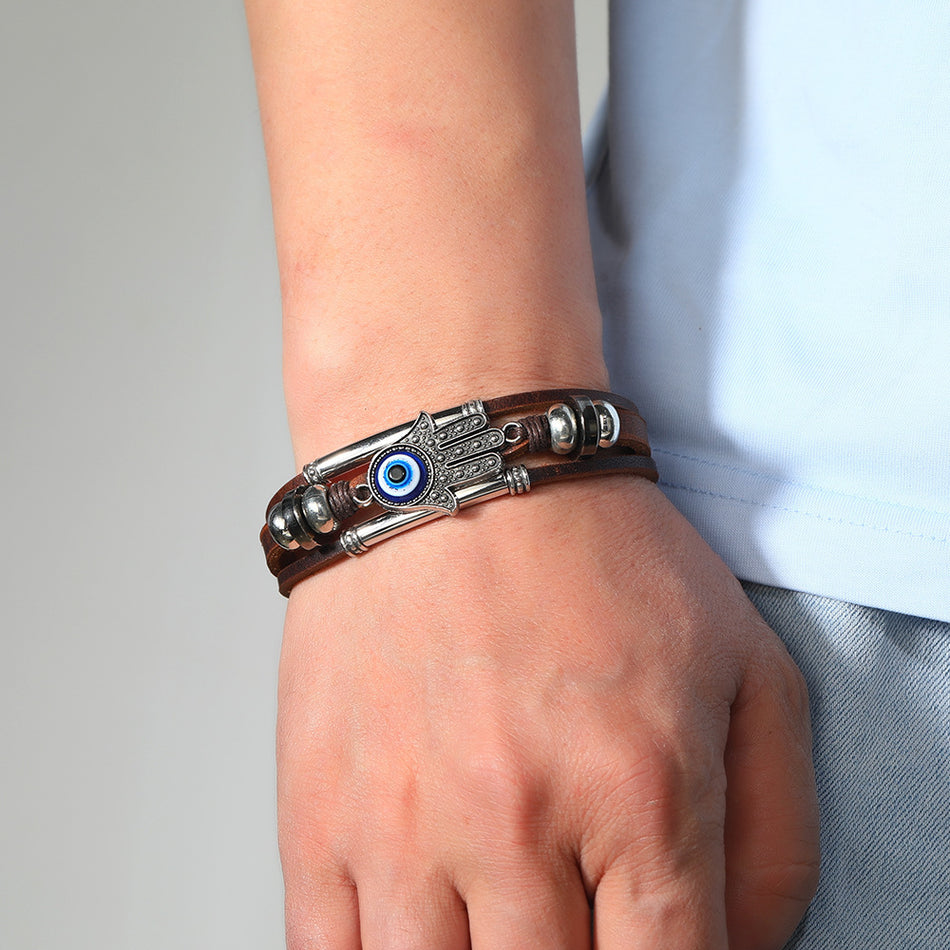 Men's Stainless Steel Cowhide Rope Bracelet – Handmade Devil's Eye
