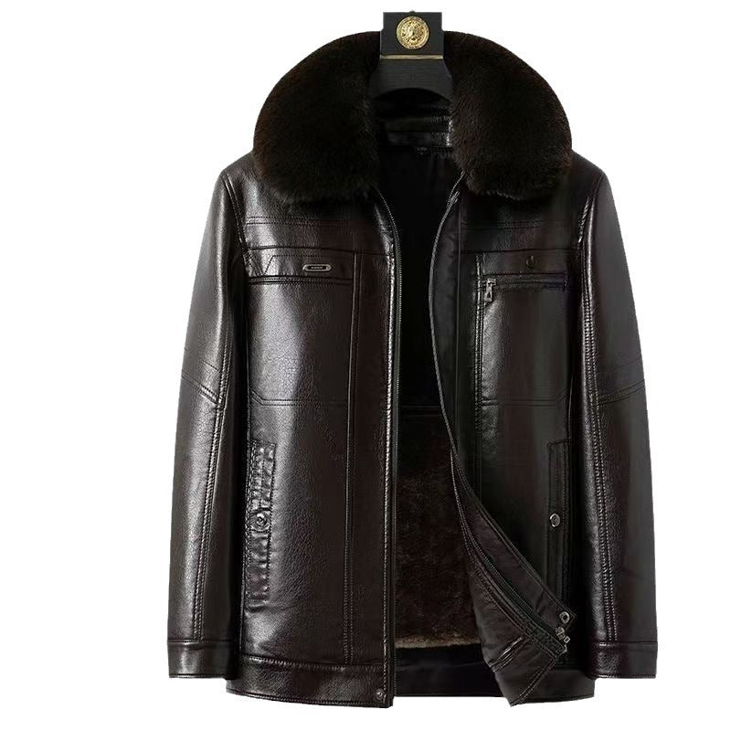 Thick Fleece-Lined Leather Jacket for Middle-Aged Men