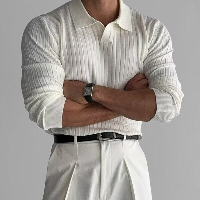 Spring Autumn Men's Knitted Long-Sleeve Henry Collar Shirt