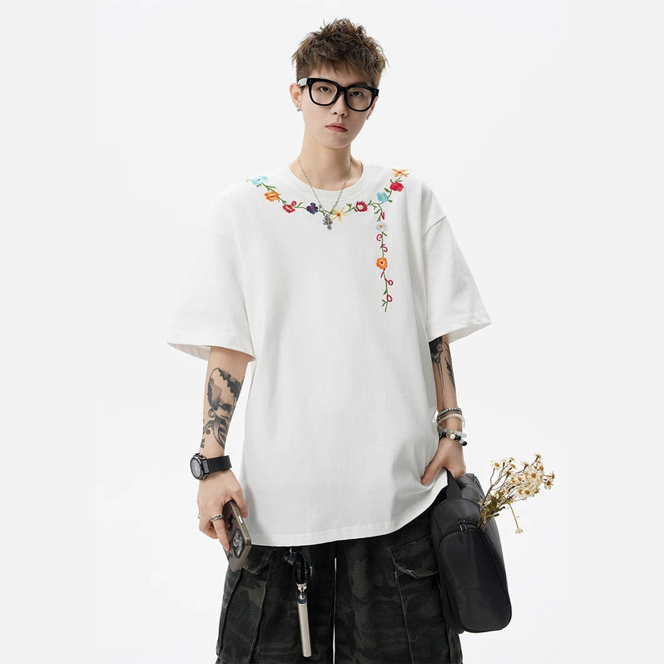 Men’s Floral Embroidered T-Shirt – Chinese Style Summer Streetwear