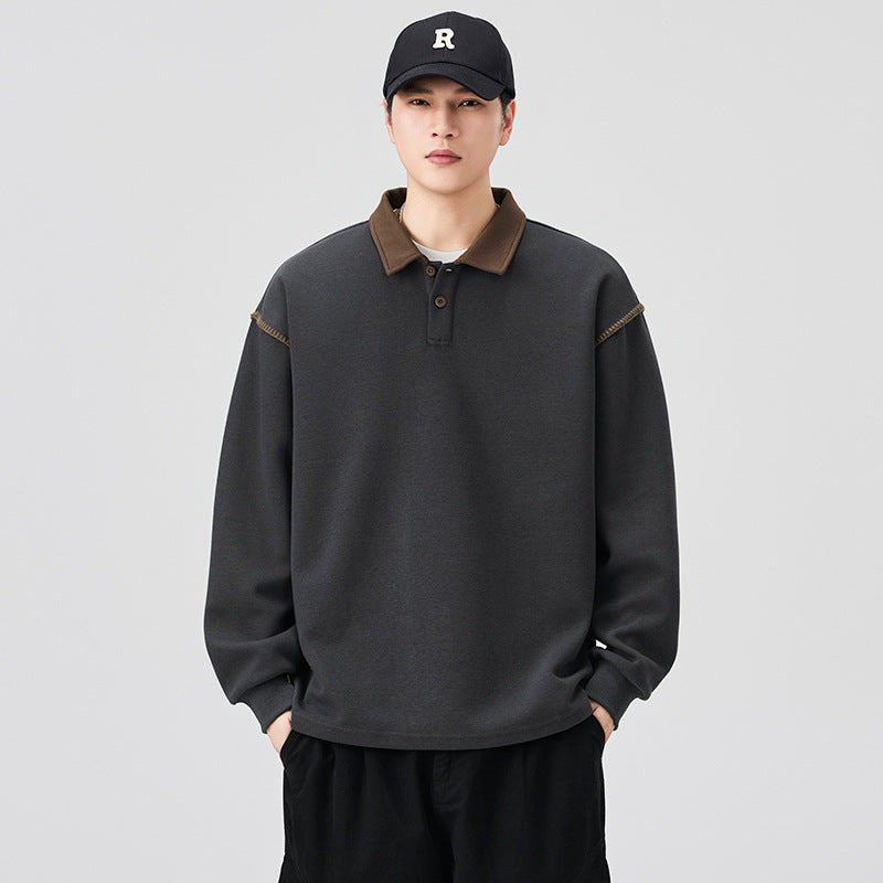 Anyang Men's Loose Long-Sleeved Polo Lapel Trendy Top