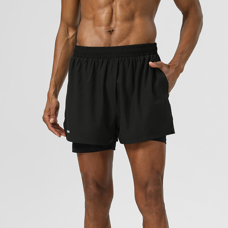 2025 Men’s Fake Two-Piece Sports Shorts | Breathable Elastic Fitness Three-Point Pants with Reflective Strip for Training & Marathon