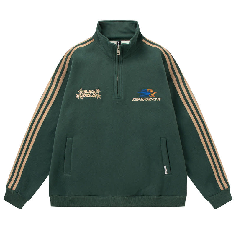 Retro Stripe Fleece Half-Zip Jacket – Men’s Loose Sports Top
