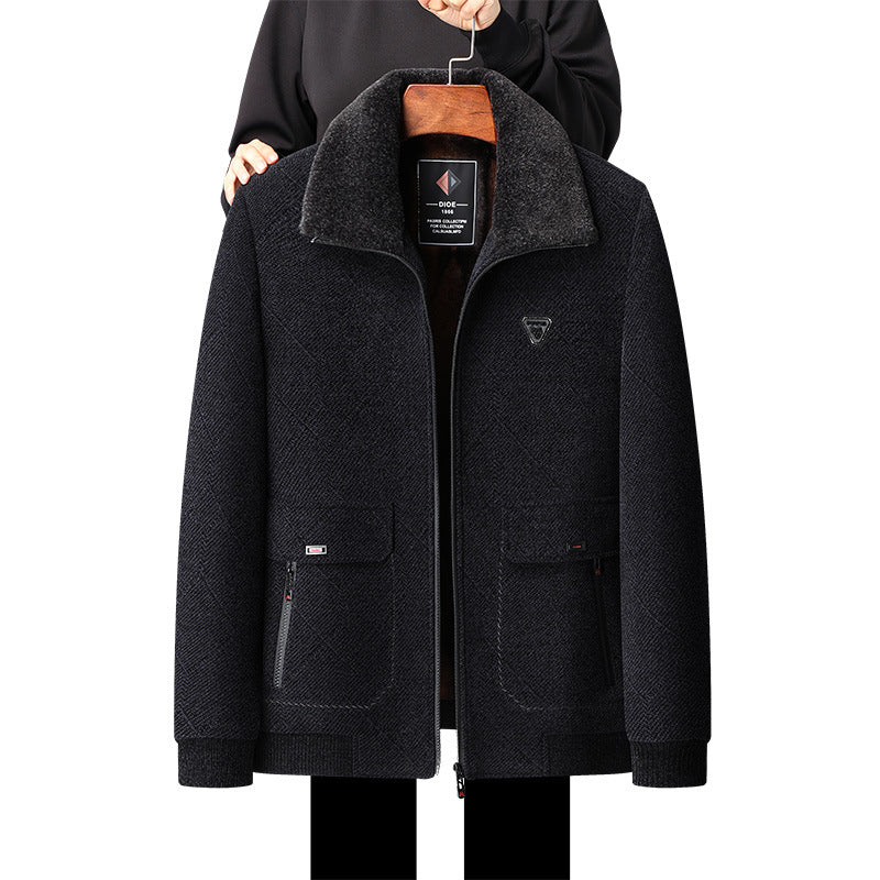 Winter Fleece-Lined Dad Coat Woolen Jacket Men Elderly